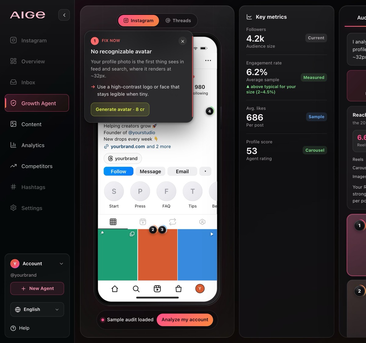A numbered audit pin opened on the profile mockup, showing the 'No recognizable avatar' recommendation with a one-tap Generate avatar button