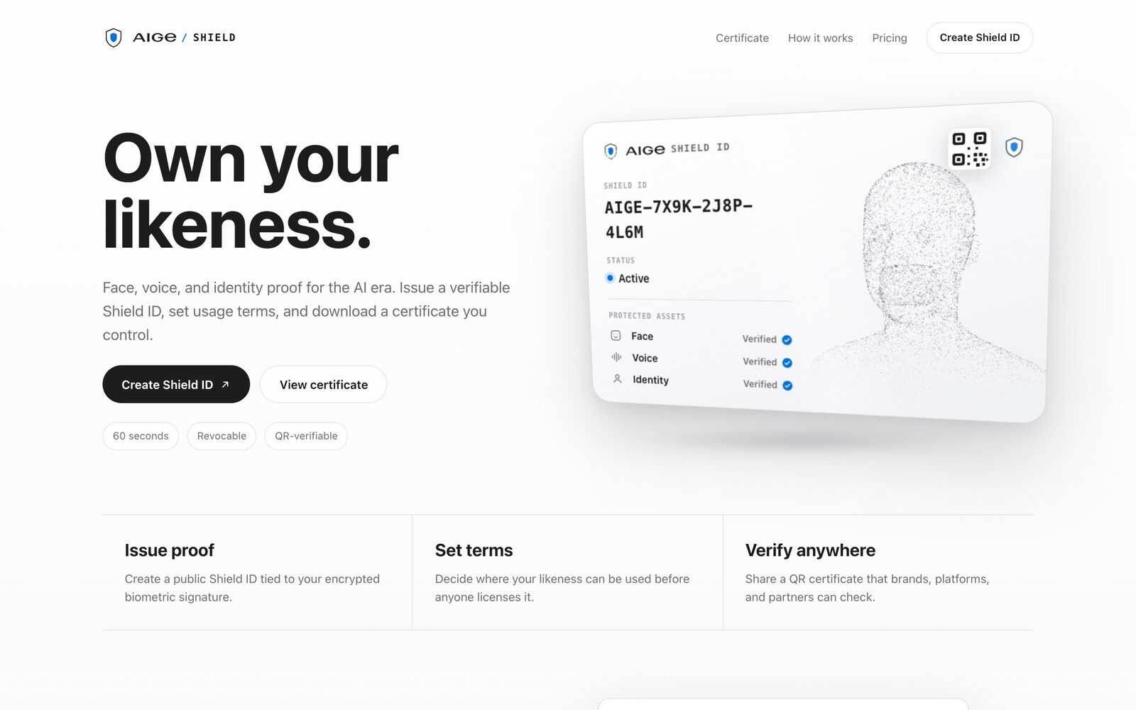 The FaceShield page at aige.ws/shield: an Own your likeness hero with a sample Shield ID card and a Create Shield ID button