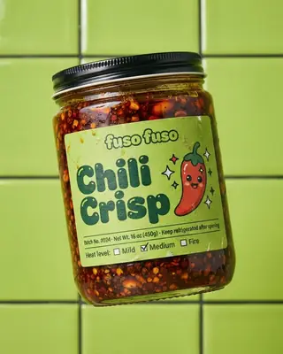 A jar of chili crisp with a green Fuso Fuso label floating against green tiles