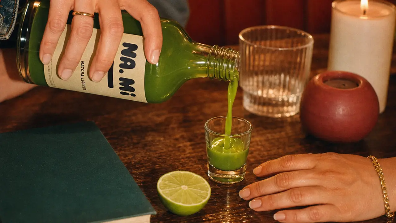 Green matcha liqueur poured from a NA.MI bottle into a small glass