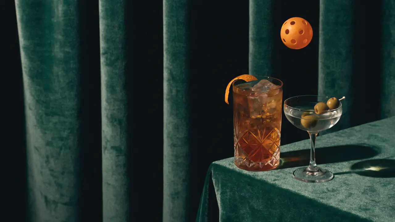 A cocktail on green velvet with an orange ball in mid-air