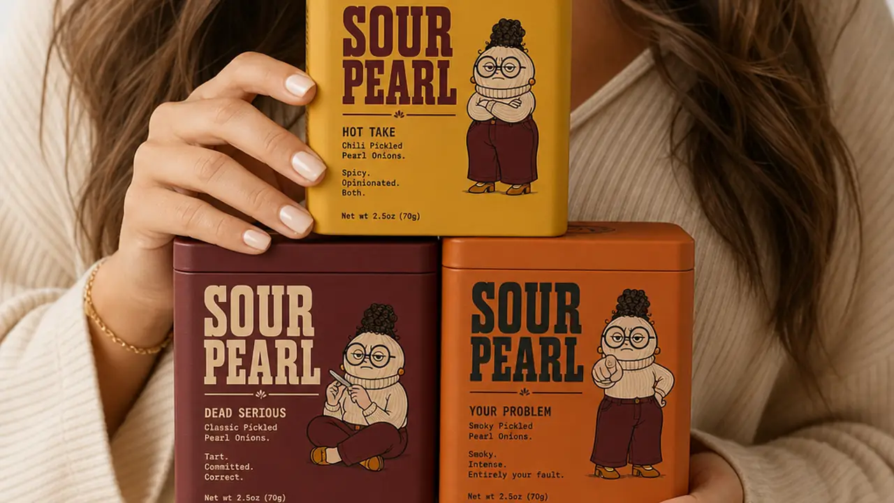 Hands holding three stacked Sour Pearl tins