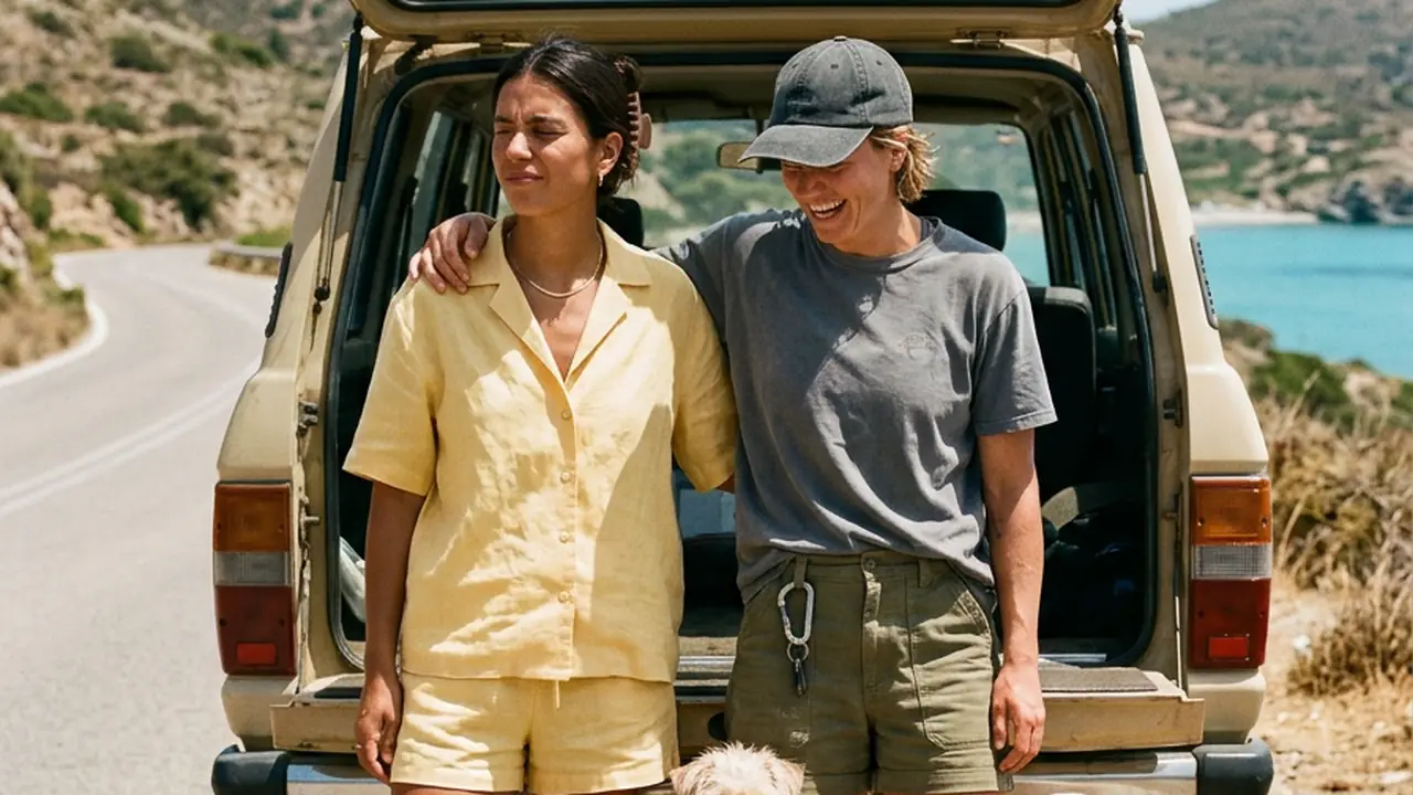 Two women by a vintage car on a coastal road with two dogs