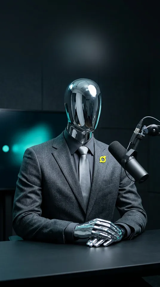 A figure with a polished chrome head in a charcoal suit, hands folded on a dark desk beside a broadcast microphone, a yellow pin on the lapel and a teal glow behind