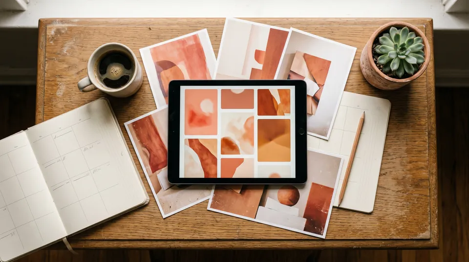 An overhead view of a wooden desk with a tablet showing coral colour blocks, printed proofs, a planner, a coffee cup and a succulent