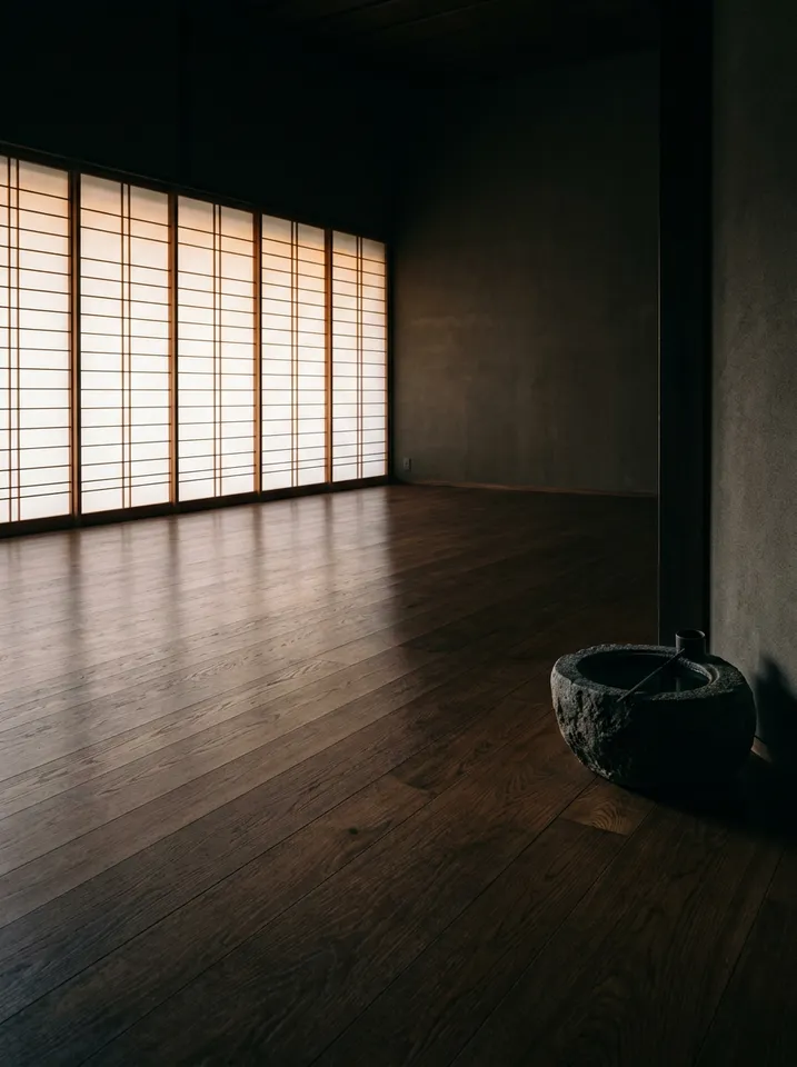 A dim wood-floored hall with a wall of glowing rice-paper panels and one low stone basin near the entrance