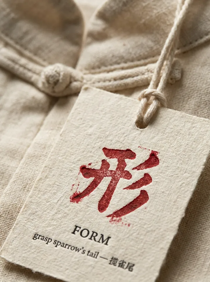 A macro photograph of a cream paper garment tag stamped with a red Chinese character, the word FORM and a line of small text, hanging from a linen collar