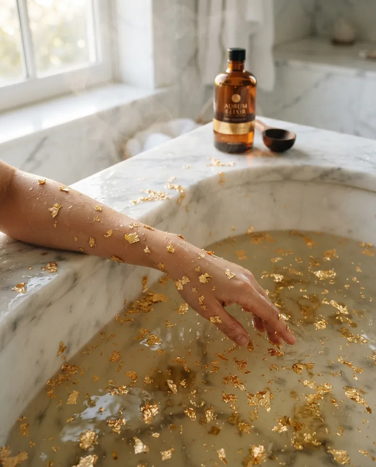 An overhead view of a white marble bath filled with oil and drifting flakes of gold leaf, a forearm resting on the rim and a bottle of amber oil on the ledge