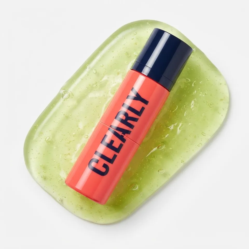 A coral serum bottle with a navy cap lying on a slab of lime-green gel, with the word CLEARLY running down its side