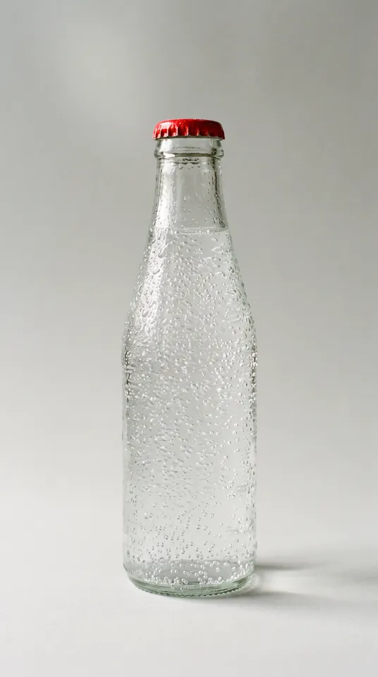 A clear glass bottle with a red metal cap and beads of condensation, standing on a light-grey seamless backdrop