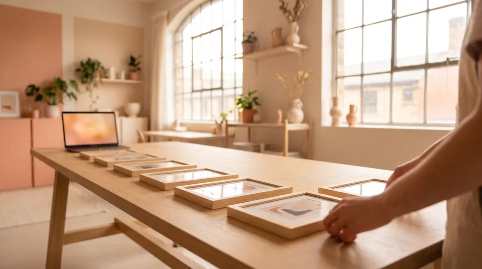 A bright studio with a long light-wood table, a row of small framed prints laid out along it and a laptop glowing at the far end