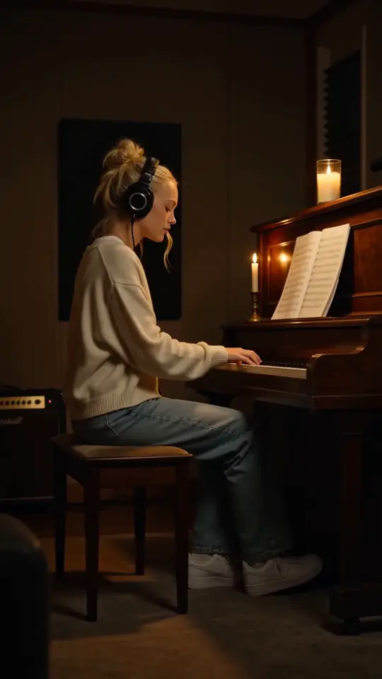 Aurora at a piano with headphones on, side view, a still from a clip made in AIGE