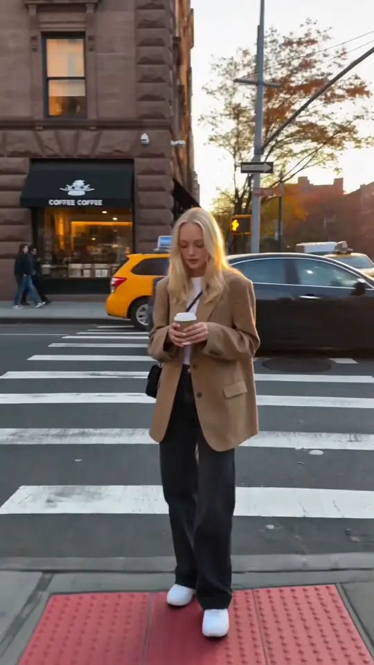 A woman walking through a city at dusk, a still from a clip made in AIGE