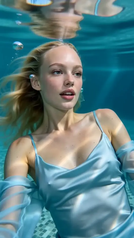 Aurora, a character made in AIGE, underwater in a satin dress